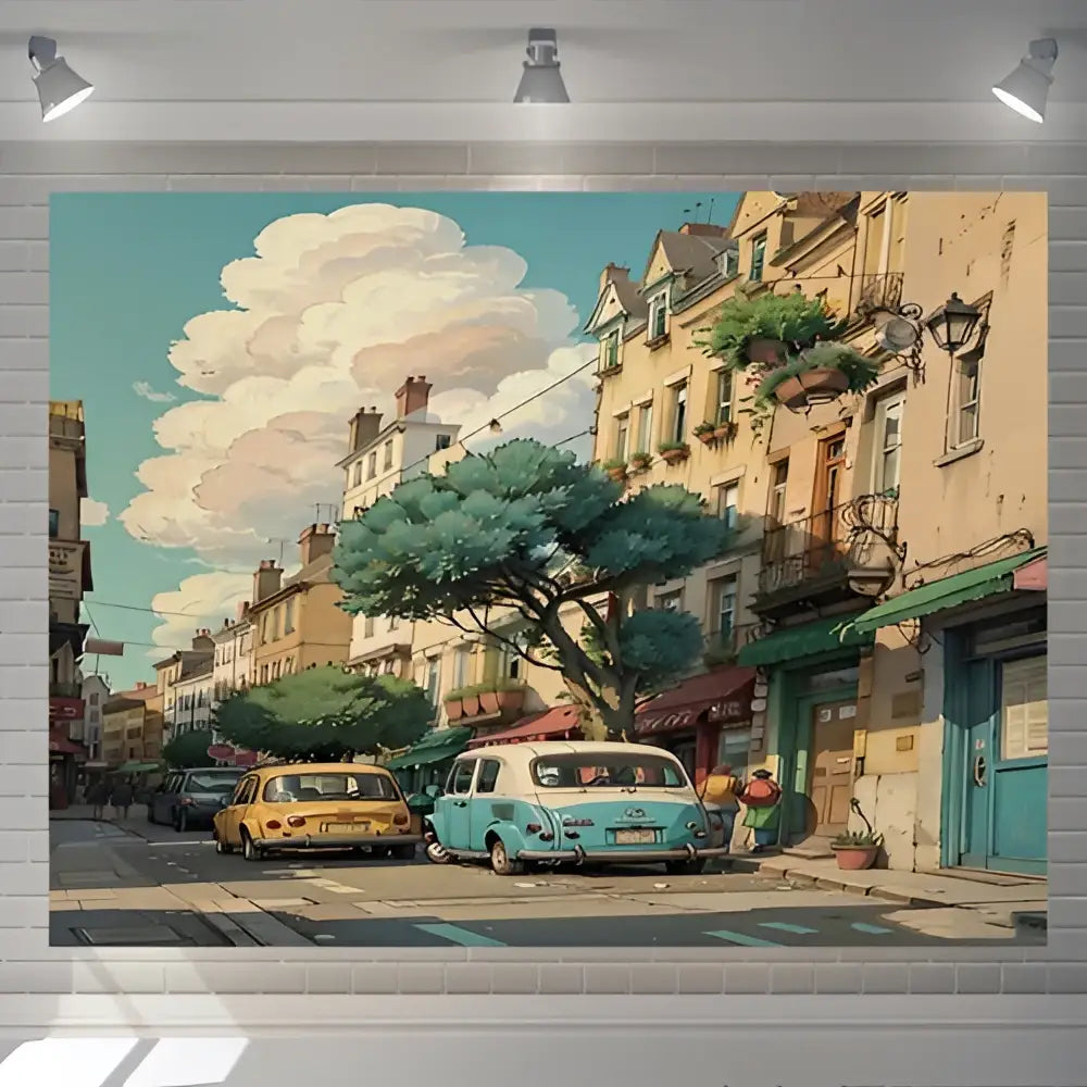 Vibrant decorbites love street tapestry featuring vintage cars and european buildings under soft blue sky for bedroom decor
