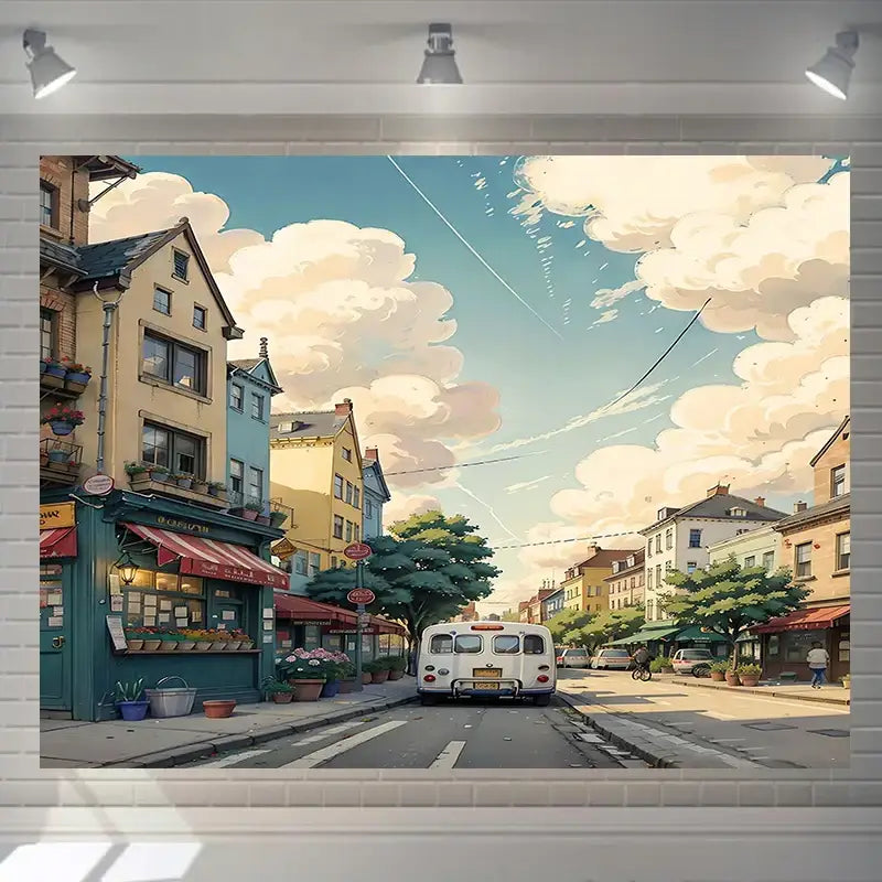 A decorbites love street wall hanging tapestry featuring pastel buildings and a vintage white van in a street landscape