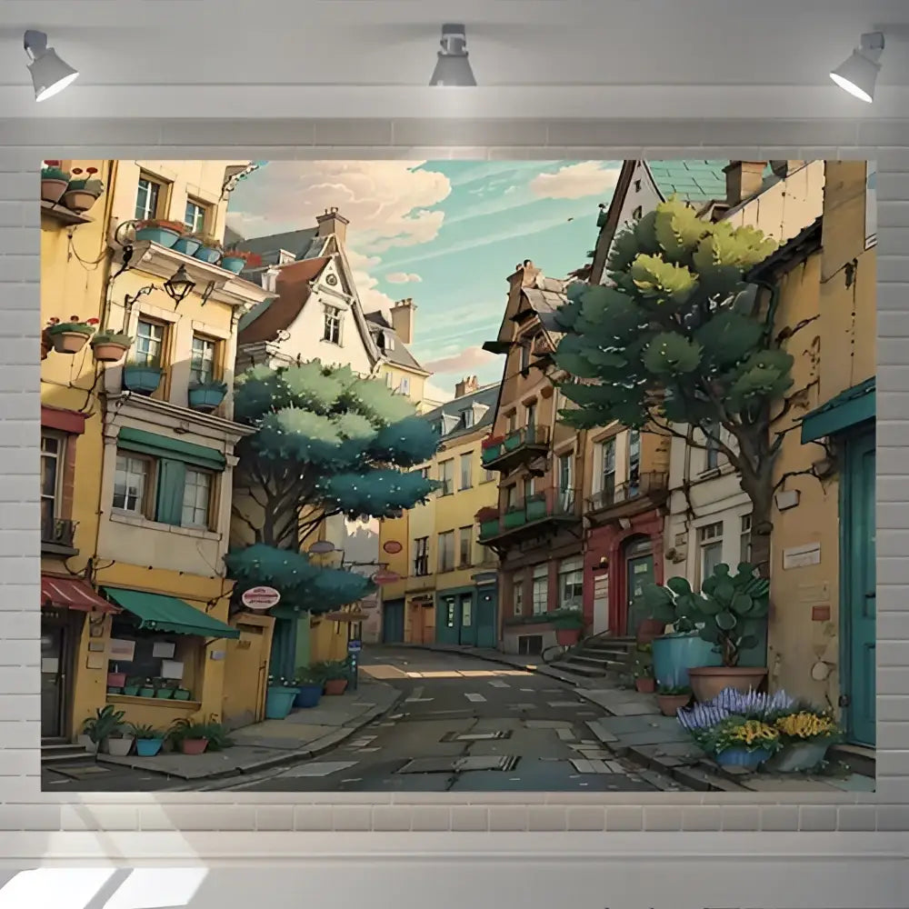 A vibrant decorbites love street landscape wall hanging tapestry featuring pastel buildings and lush greenery for bedroom decor