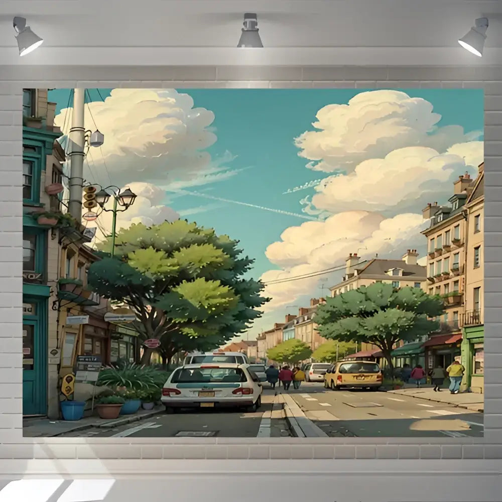 Decorbites love street landscape wall hanging tapestry featuring pastel buildings and classic cars for bedroom decor