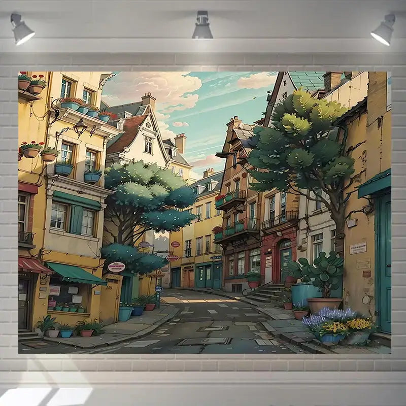 A decorbites love street landscape wall tapestry featuring a vibrant pastel european street scene with greenery for bedroom decor