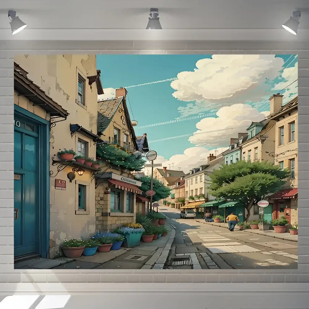 Decorbites love street tapestry featuring pastel buildings and colorful plants under a bright blue sky for bedroom decor