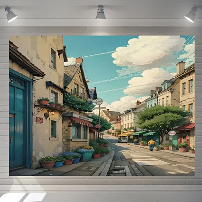 Decorbites love street tapestry featuring pastel buildings and colorful plants under a bright blue sky for bedroom decor
