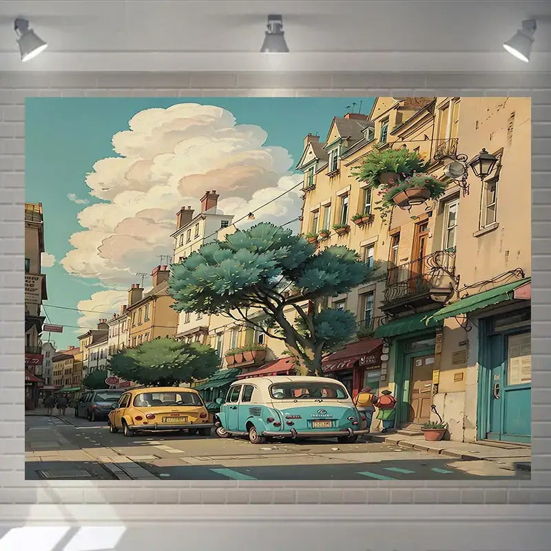 A decorbites love street landscape wall hanging tapestry featuring pastel european buildings and balconies under blue sky