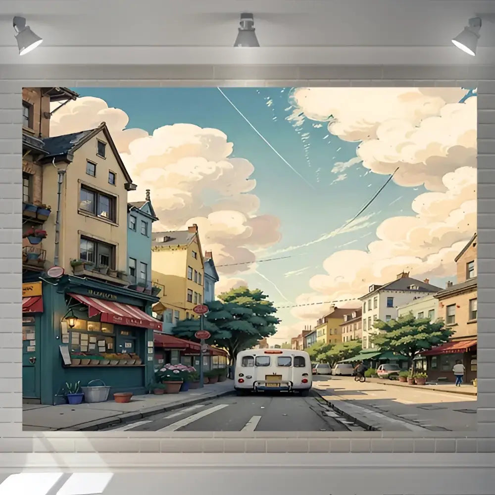 Decorbites love street landscape wall hanging tapestry with pastel buildings and vintage bus for bedroom decor