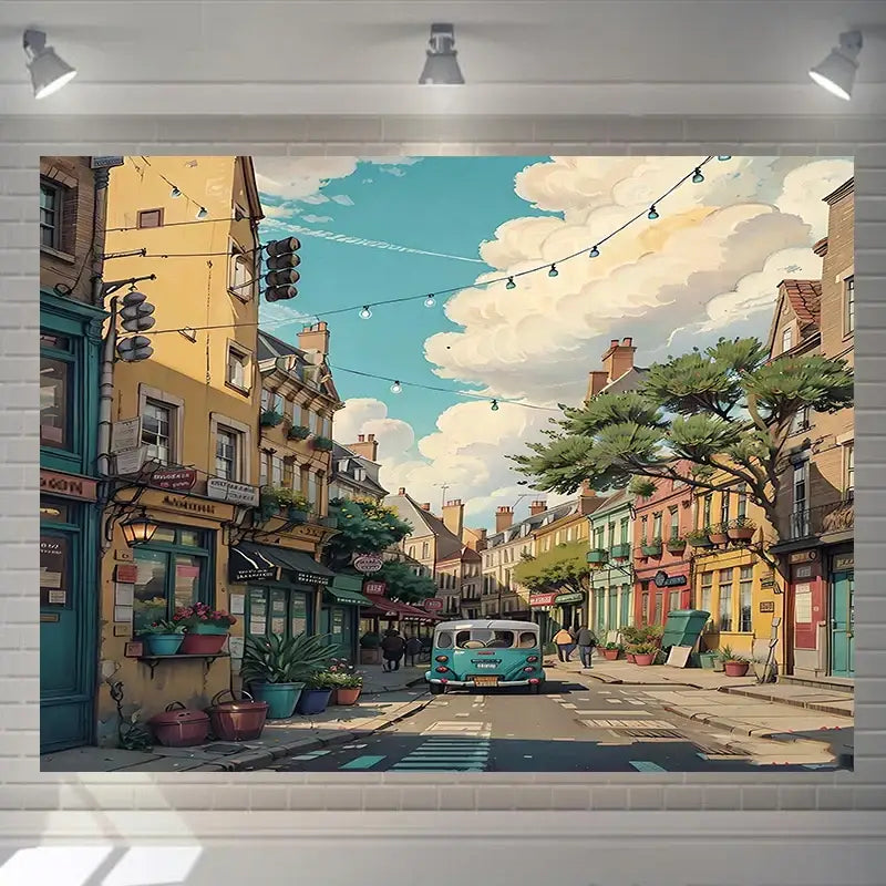 Decorbites love street landscape wall hanging tapestry featuring colorful european buildings and turquoise vintage van