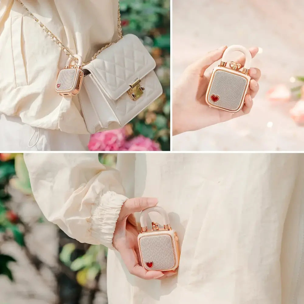 A rose gold-framed lovelock mini bluetooth speaker with quilted white body and red heart emblem decorbites pink design