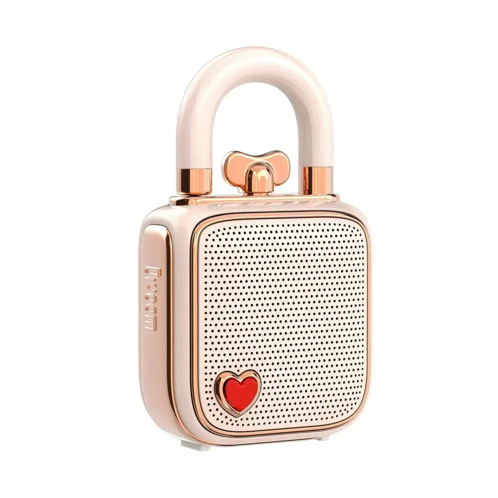Rose gold decorbites lovelock mini bluetooth speaker shaped like a lock with red heart and bow detail, 5w sound box
