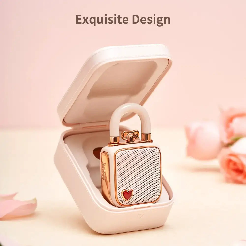 Rose gold lovelock mini bluetooth heart-shaped speaker with white handle and matching case for portable use