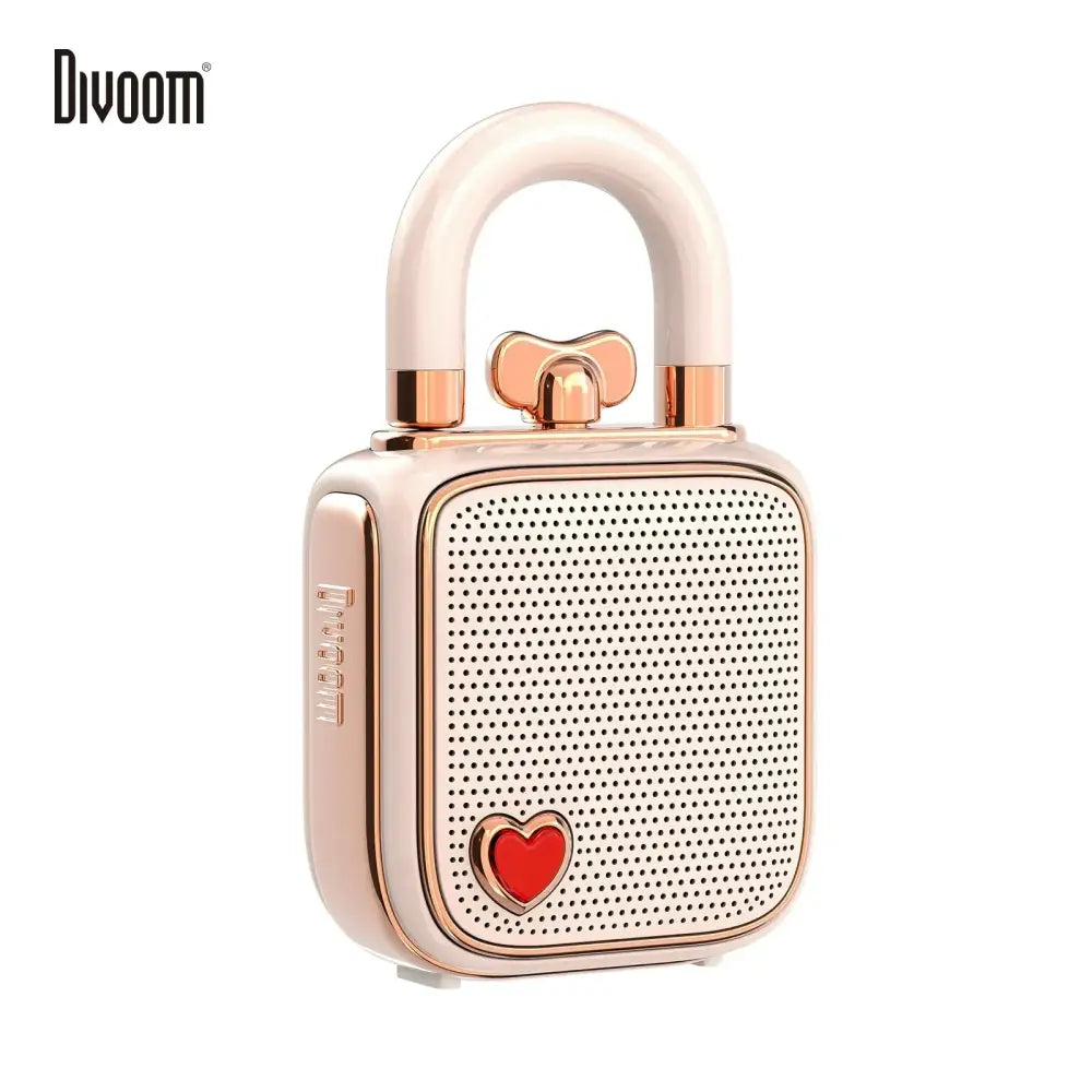 DecorBites™ Lovelock mini bluetooth speaker in rose gold and white with a red heart emblem and 5W retro design