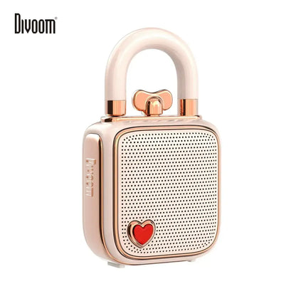 DecorBites™ Lovelock mini bluetooth speaker in rose gold and white with a red heart emblem and 5W retro design