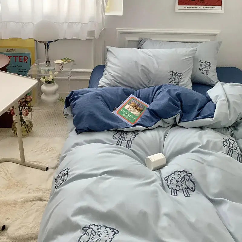 Light blue DecorBites™ lovely bear and sheep embroidered bedding set with black outlines includes duvet cover sheets and pillowcase