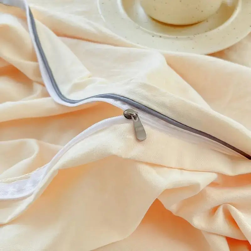 Soft peach satin duvet cover with silver zipper trim from DecorBites™ sheep embroidered bedding set