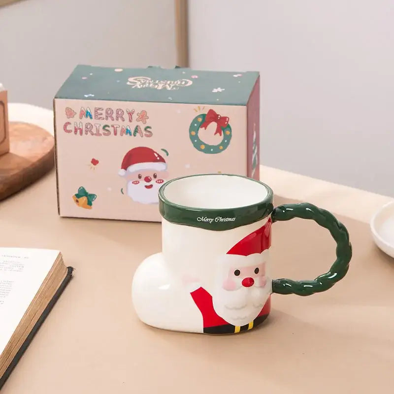 White ceramic christmas socks ceramic mug by decorbites lovely christmas featuring santa face and green braided handle