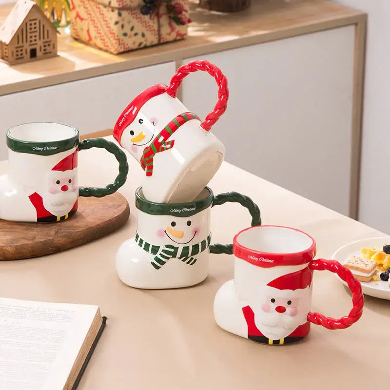 Decorbites lovely christmas ceramic mugs shaped like snowmen and santa with red and green accents and textured handles