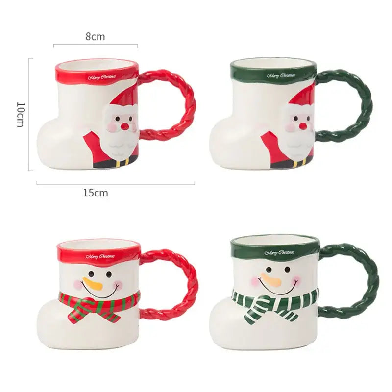 Decorbites lovely christmas socks ceramic mug in white shaped like boots with santa and snowman faces and red green handles