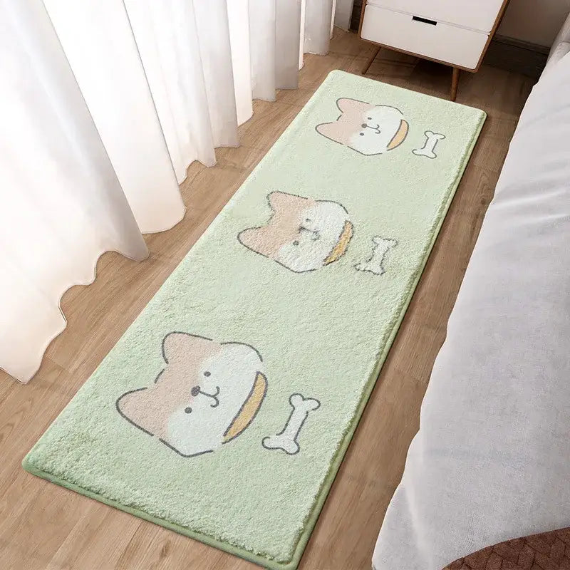 Decorbites lovely rabbit pink bedside rug with light green plush bath mat featuring cartoon corgi faces and bones
