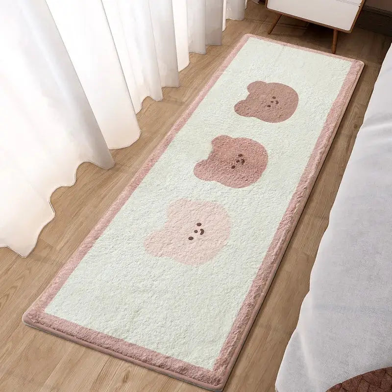 Decorbites lovely rabbit pink bedside plush rug in light green with pink border and embroidered bear faces for girls room