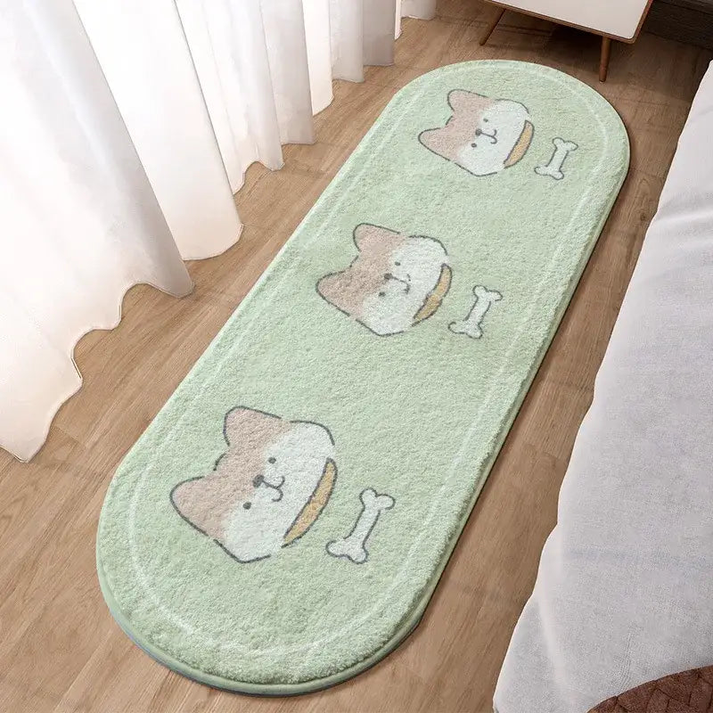 Decorbites lovely rabbit pink bedside rug with soft mint green plush featuring cartoon corgi faces and bone patterns