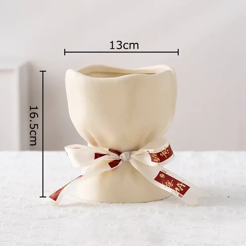 Cream-colored ceramic vase from decorbites lovely ribbon vase set with gathered tied ribbon bow for cute room decor