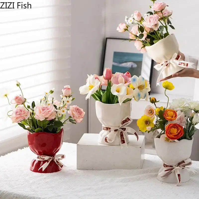 White ceramic flower vase with a ribbon bow base from DecorBites lovely ribbon ceramic vase set for cute room aesthetic decor