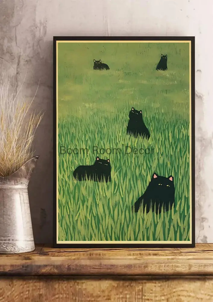DecorBites™ lover cat paper poster featuring stylized black cats in green grass, framed with pale yellow border