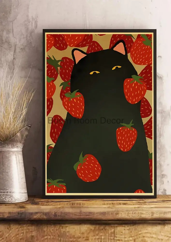 DecorBites™ lover cat paper poster featuring a black cat with red strawberries on beige background framed in black