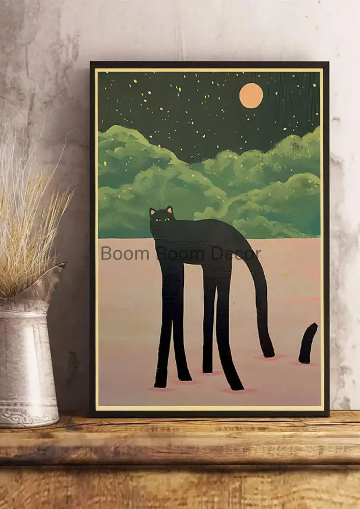 Black stylized cat paper poster with minimalist design framed in black and cream matting for home decor by DecorBites