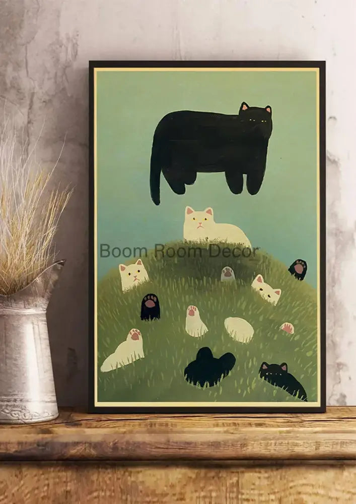 Decorbites™ lover cat paper poster black and white illustrated cat in dark frame for home decor wall art