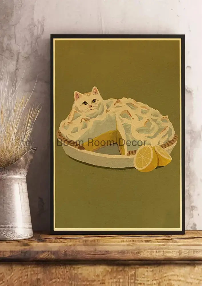A framed cat paper poster featuring a white cat inside a lemon pie on an olive green background for home decor