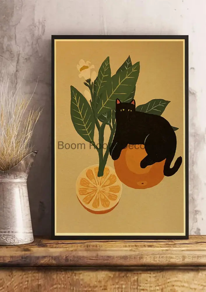 A framed decorbites™ lover cat paper poster featuring a black cat lounging on an orange with green leaves against beige background