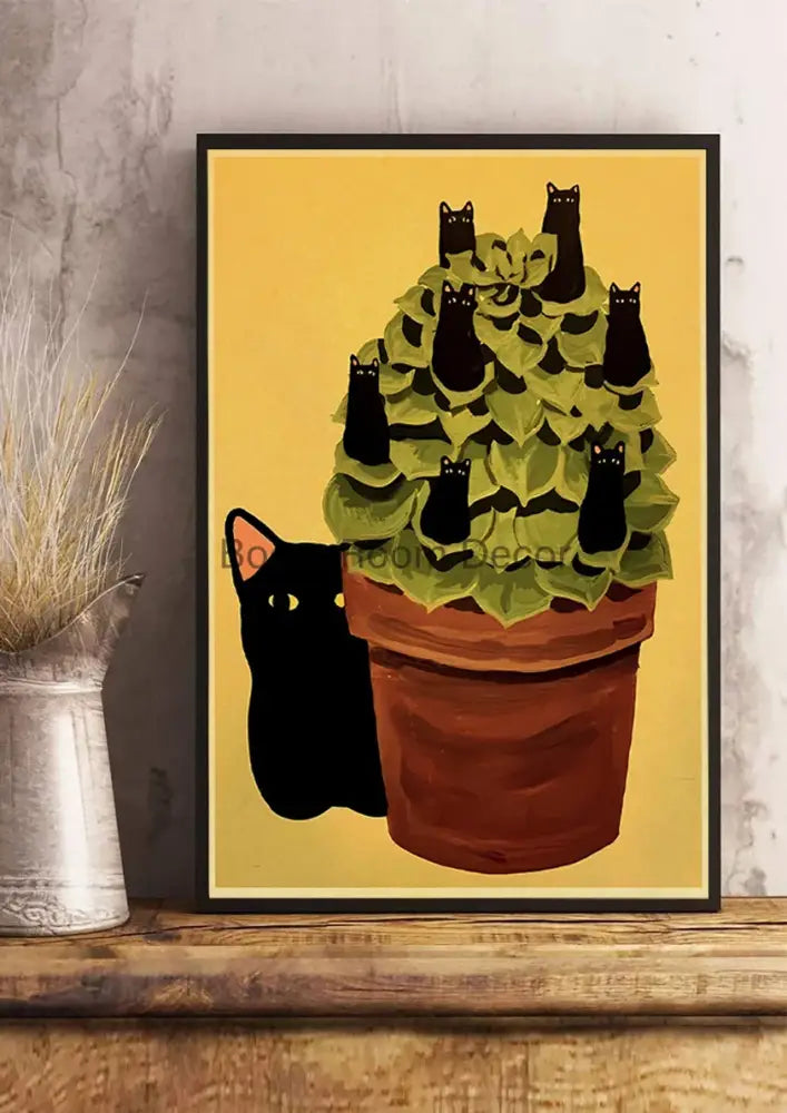 A decorbites™ lover cat paper poster featuring black cats and green succulents in a terracotta pot on a yellow background