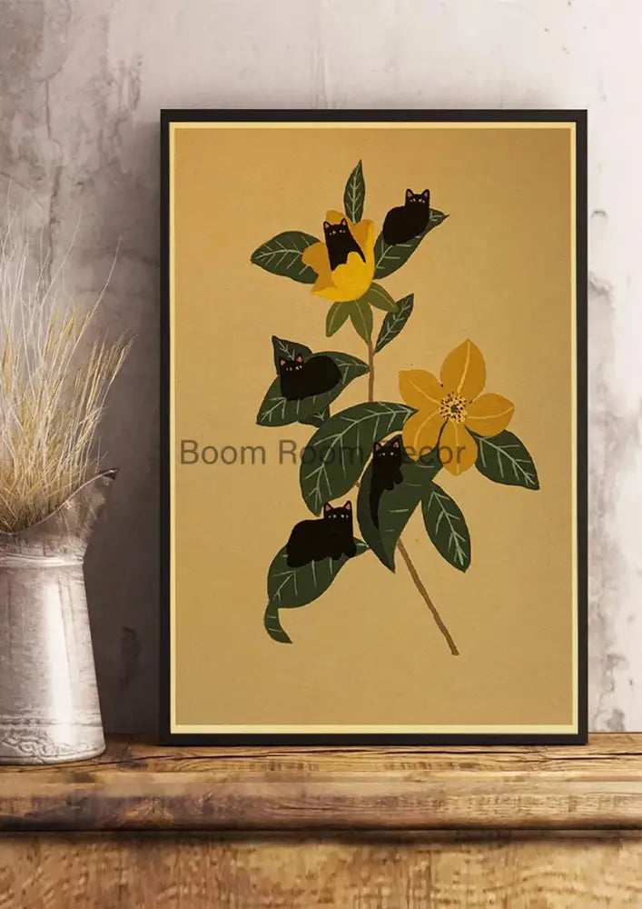 A framed decorbites™ lover cat paper poster featuring black cats nestled among yellow flowers on beige background