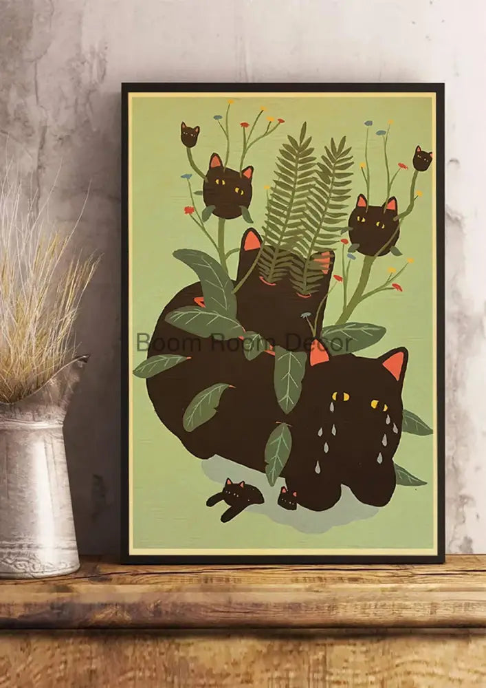 A framed DecorBites™ lover cat paper poster featuring black cats among green foliage on a soft mint-green background