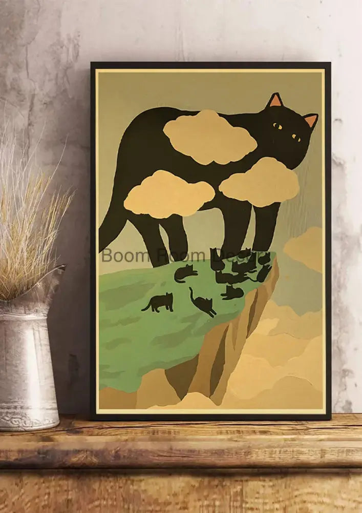 A framed DecorBites™ Lover Cat paper poster featuring a stylized black cat with beige patches atop a cliff