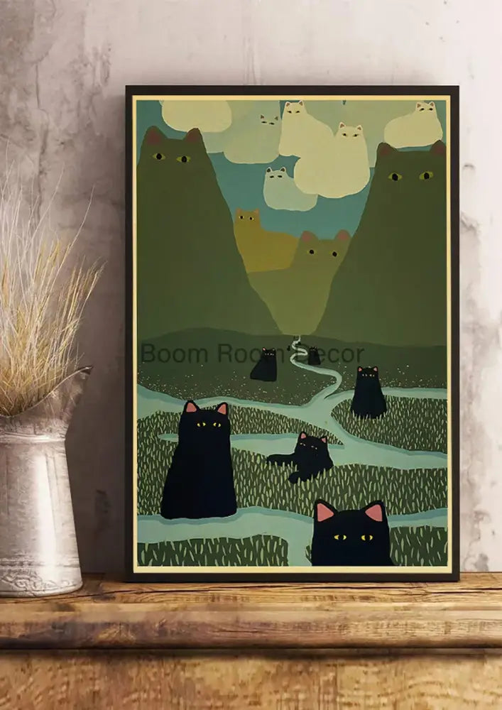 A framed DecorBites™ lover cat paper poster featuring stylized cats in poses against a green teal landscape