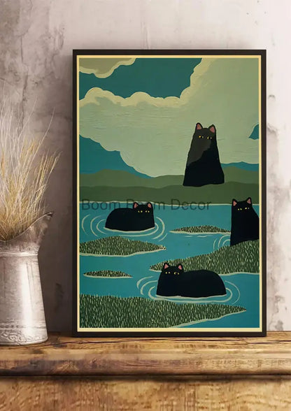 A framed DecorBites™ lover cat paper poster featuring stylized black cats in a serene teal and green landscape