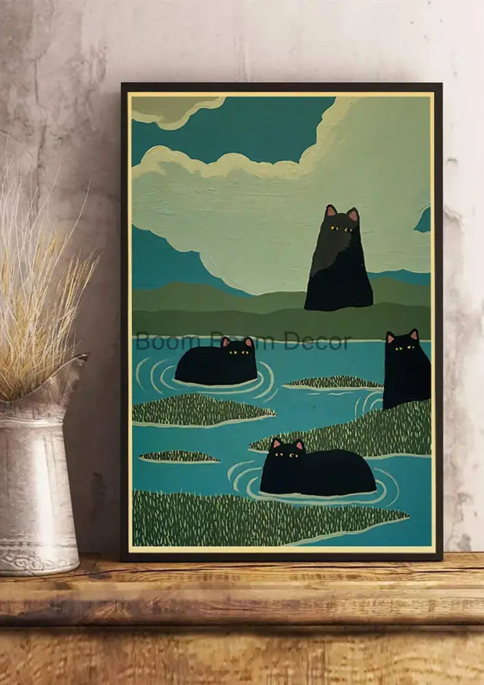 A framed DecorBites™ lover cat paper poster featuring stylized black cats in a serene teal and green landscape