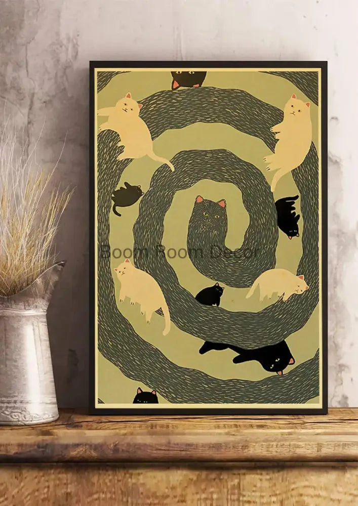 A framed decorbites™ lover cat paper poster featuring black and cream stylized cats on an olive green background