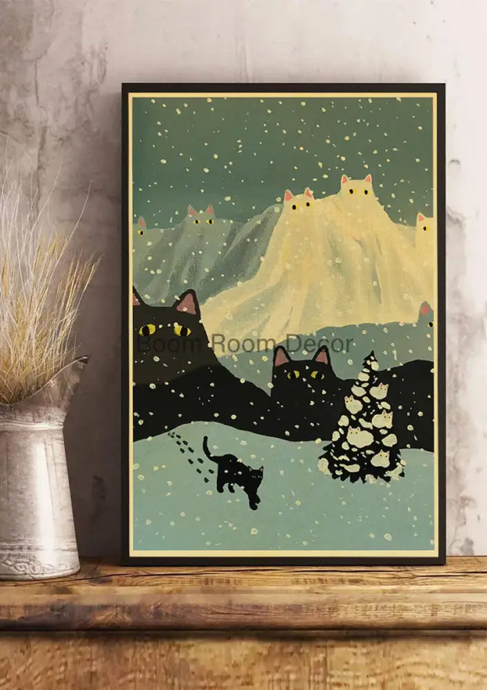A framed DecorBites™ lover cat paper poster with whimsical black cats and snow mountains on a muted teal background