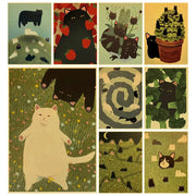 Set of nine whimsical black and white cat paper posters with strawberries and plants for decorbites home decor