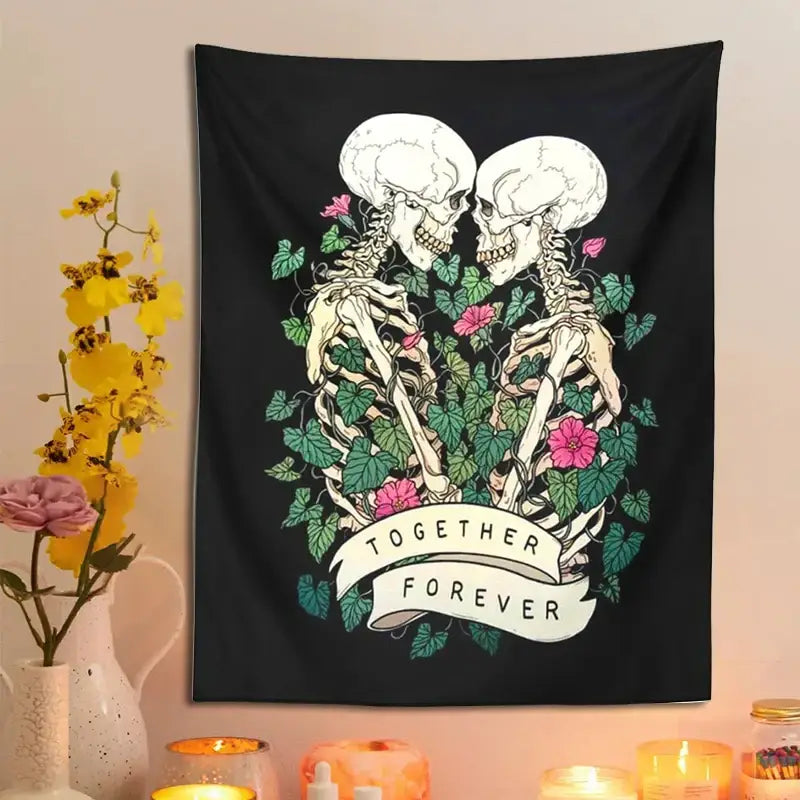 Black decorbites lover skeleton tapestry wall hanging with two white skeletons entwined in vines and flowers