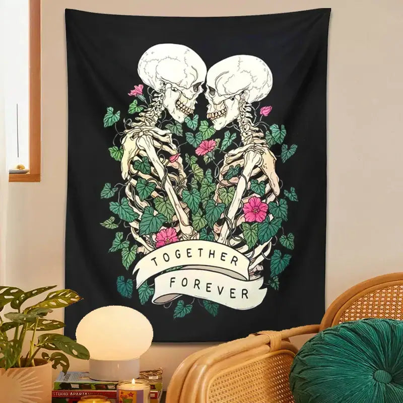 Black fabric decorbites lover skeleton tapestry wall hanging with white skeletons entwined in vines and pink flowers