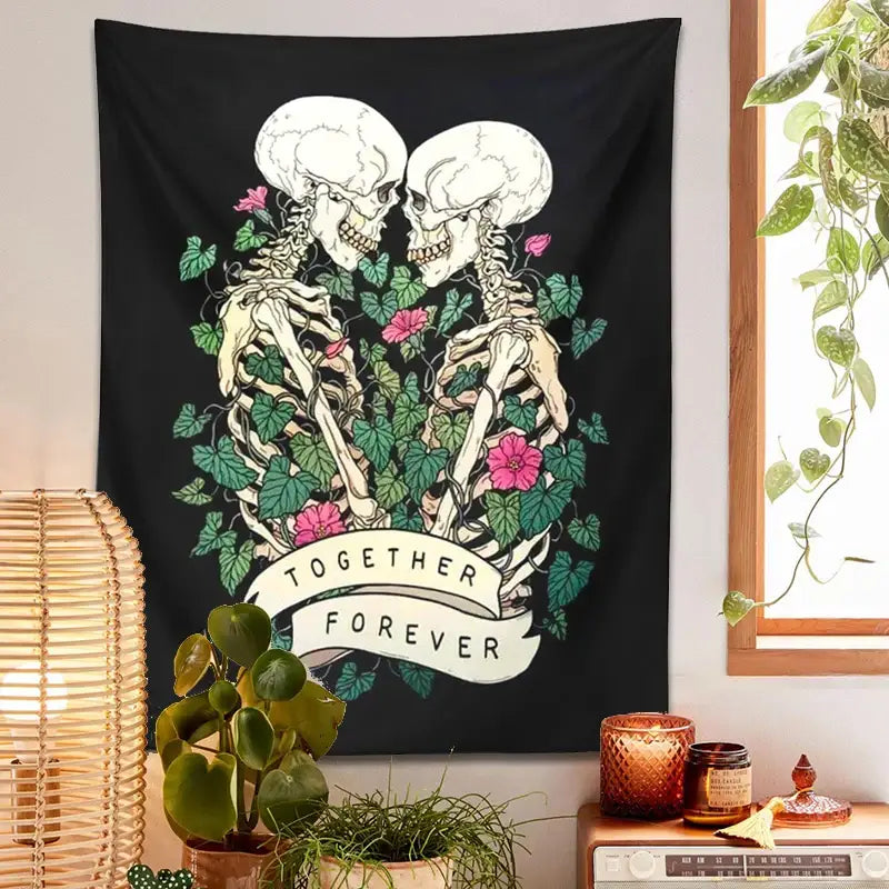 Black decorbites lover skeleton tapestry wall hanging with white skeletons entwined in green vines and pink flowers
