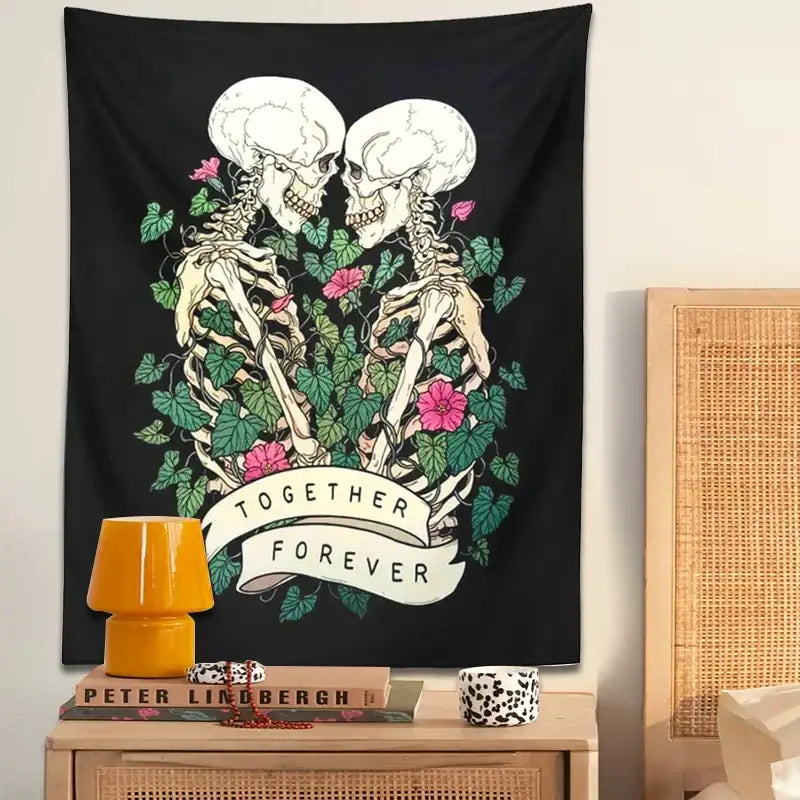 Black decorbites lover skeleton tapestry wall hanging with white skeletons entwined in green vines and pink flowers