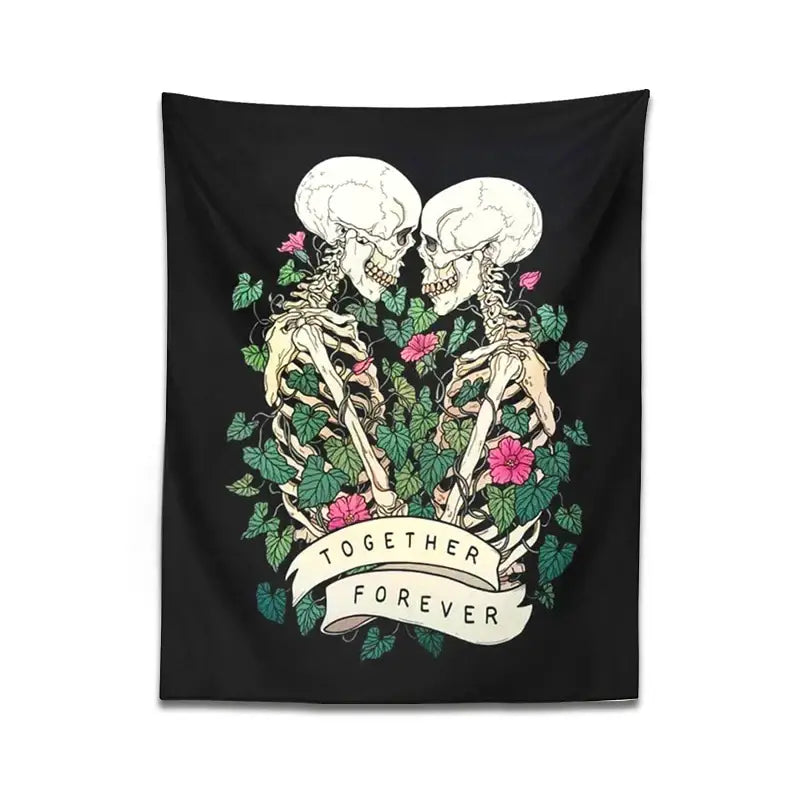 Black decorbites lover skeleton tapestry wall hanging with white skeletons entwined in green vines and pink flowers