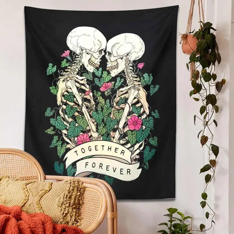 Black decorbites lover skeleton tapestry wall hanging with white skeletons entwined in green vines and pink flowers