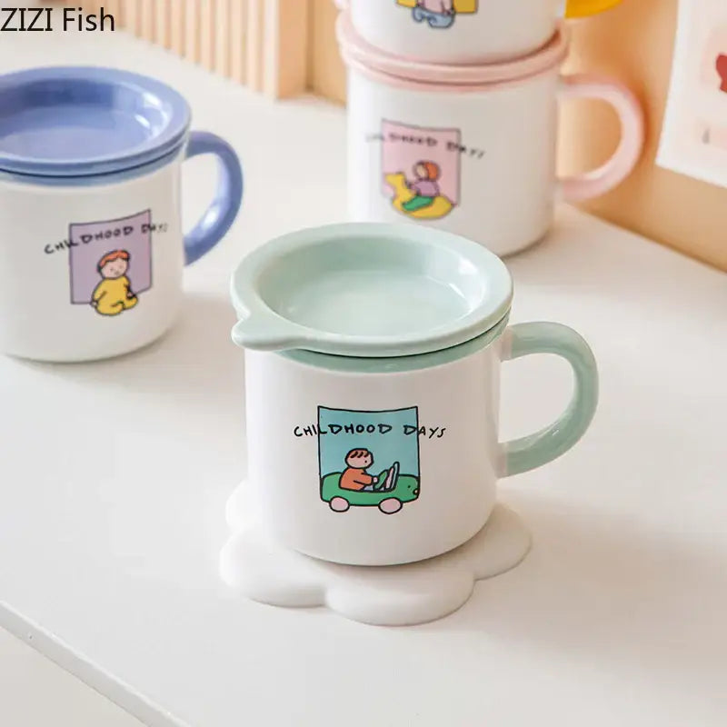 White ceramic coffee mug with light green lid handle featuring decorbites lovers cartoon pattern and childhood days design