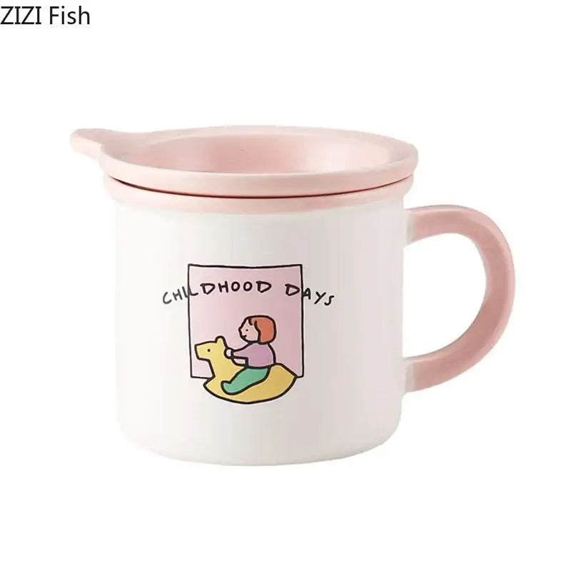 A white porcelain coffee mug with a pink handle and lid featuring decorbites lovers cartoon pattern and childhood days design