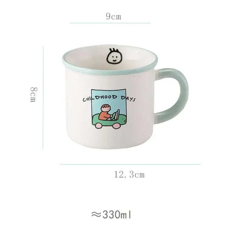 A white porcelain coffee mug with light green rim and lovers cartoon pattern featuring a child and childhood days text